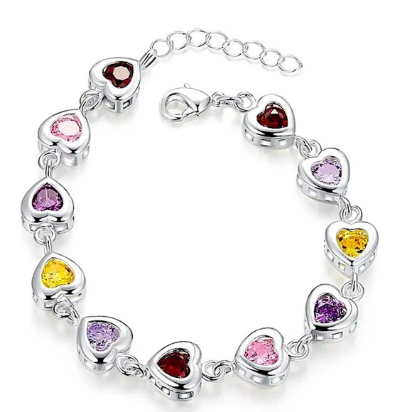 Sterling Silver Heart Multicolor Gemstone 925 Stamped Bracelet - Picture 4 of 12